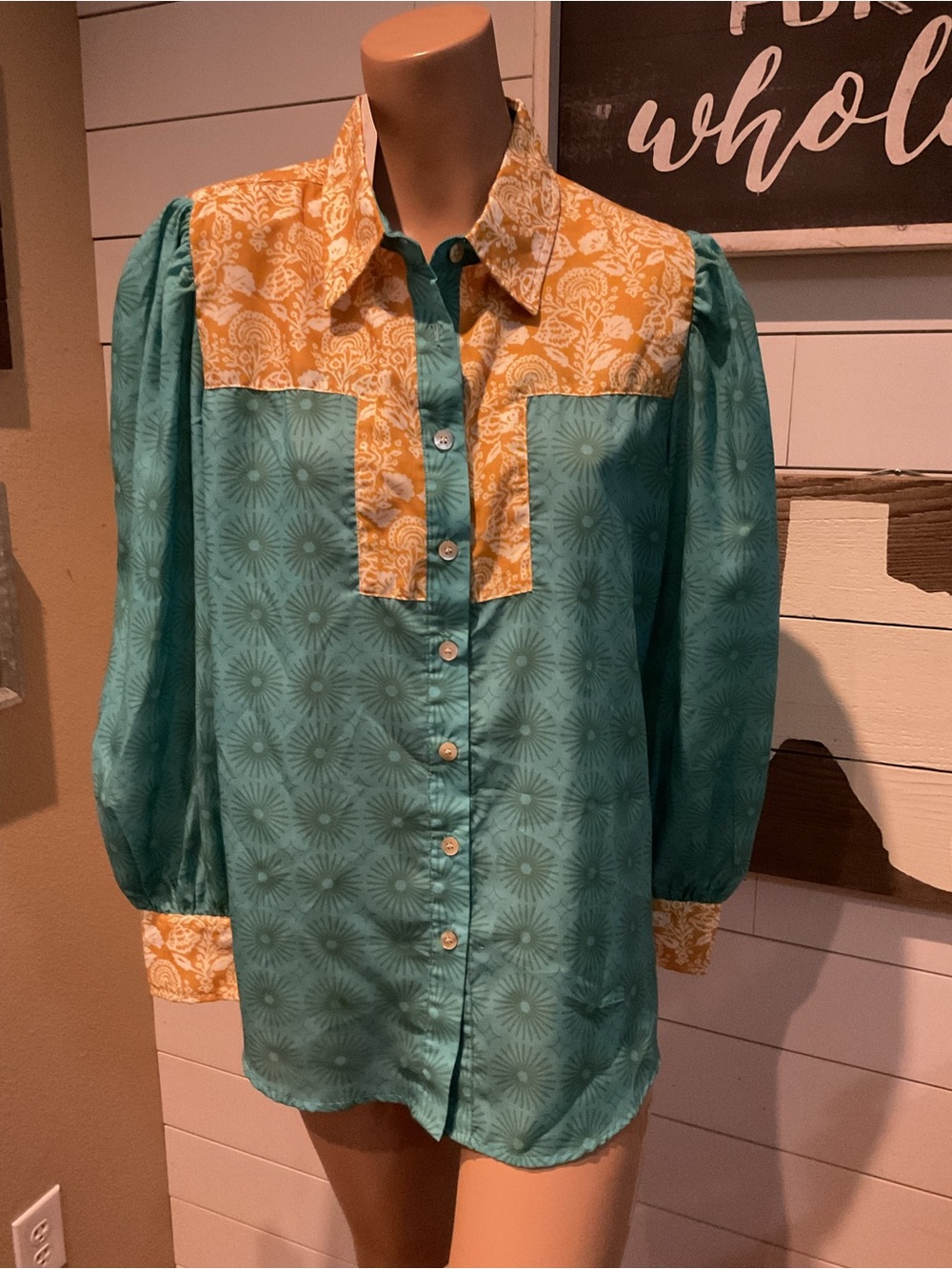Turquoise Haven Yellow And Aqua Teal Floral Button Front Top Large NWT
